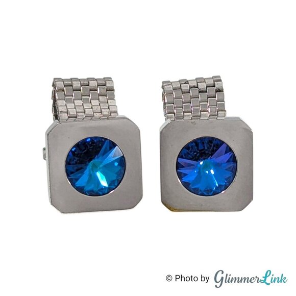 Vintage Foster Blue Rivoli MCM Silver Tone Cufflinks with Detachable Mesh Wrap - Picture 3 of 11